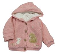 Růžový melírovaný propínací zateplen svetr s medvídkem a kapucí Nutmeg