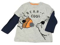 Nové - Šedé triko s medvědy a tmavomodrými rukávy F&F