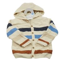 Nové - Béžový propínací podšitý svetr s pruhy a kapucí Tu