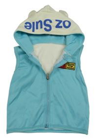 Tyrkysovo-biela tepláková vesta s medvedíkom a kapucňou