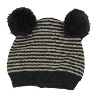 Tmavošedo-biela pruhovaná čapica s bambulemi Next