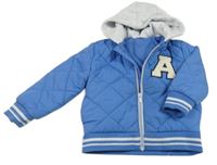 Modrá šusťáková prošívaná zimní bunda s písmenkem a teplákovou kapucí Dunnes