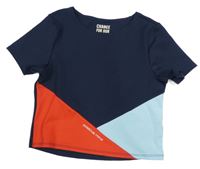 Tmavomodro-červeno-svetlomodré športové crop tričko TCM