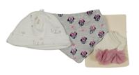 Nové - 3set - Bílá čepice s kytičkami + šedý slintáky s Minnií + bílé ponožky s květy