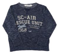 Tmavomodrý melírovaný sveter s nápisom a lietadly H&M