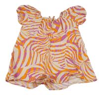 Smetanovo-oranžovo-fialový vzorovaný ľanový kraťasový oversize overal ZARA