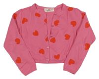 Tmavorůžový propínací crop svetr s červenými srdíčky H&M