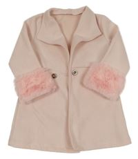 Svetloružový flaušový kabát s kožešinou SHEIN