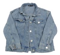 Modrá rifľová bunda s motýlikmi a nápismi a golierikom SHEIN