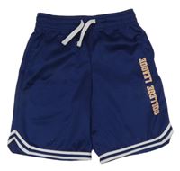 Tmavomodré funkčné športové kraťasy s nápisom a pruhmi ERGEENOMIXX