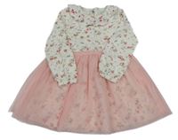 Bílo-světlerůžové šaty s kytičkami a tylem a volánkem LEIGH TUCKER