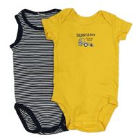 2x body - hořčicové s bagrem + tmavomodro-bílé pruhované
