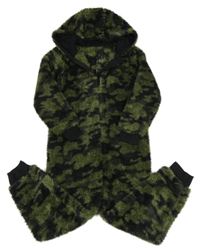 Khaki-černá vzorovaná chlupatá kombinéza s kapucí Matalan