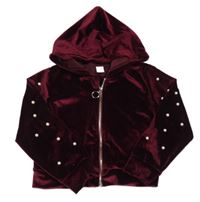 Vínová zamatová prepínaci mikina s perlami na rukávech a kapucňou Shein