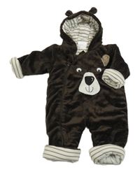 Tmavohnedá chlpatá zateplená kombinéza s medvěďom a kapucňou Topomini