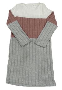 Bielo-starorůžovo-sivé rebrované úpletové šaty Shein