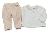 2set - Bílé sametové triko s výšivkou květů a límečkem + světlerůžové tepláky Kiabi