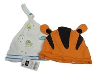 2x bavlněná čepice - bílá s auty + oranžová - tygr