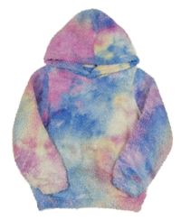 Modro-růžovo-lila batikovaná chlpatá mikina s kapucňou