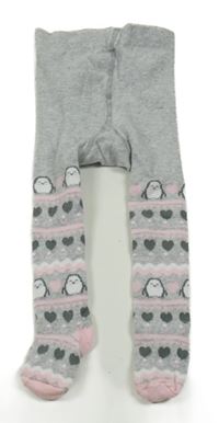 Šedo-růžové vzorované punčocháče s tučňáky