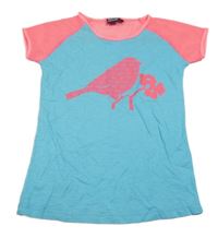 Modro-neonově růžové tričko s ptáčkem a síťovinou