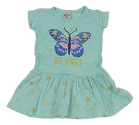 Tyrkysová bavlnená šatová tunika s motýlom a hviezdami