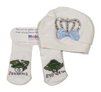 2set - Bílá bavlněná čepice s korunkou z kamínků a mašlí + bílé ponožky s žábou