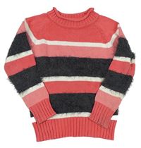 Ružovo-sivý pruhovaný sveter s chlpatymi pruhmi