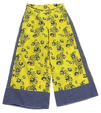Žlto-tmavomodré ľahké kvetované široké nohavice