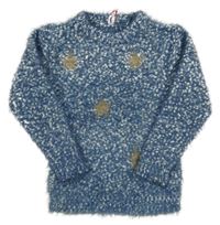 Modro-biely melírovaný chlpatý sveter s hviezdičkami