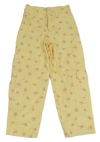 Žlté kvetované plátenné nohavice s vreckami Zara