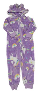 Fialová plyšová kombinéza s jednorožcami a kapucňou F&F