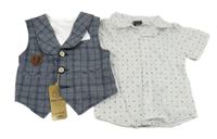 Nové - 2 set - modrá kostkovaná společenská vesta + bílá vzorovaná košile 