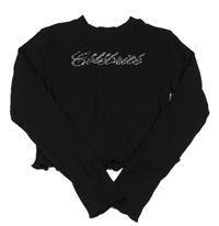 Čierne crop rebrované tričko s nápisem z kamínků H&M