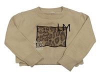Béžový crop sveter s leopardím vzorom a nápismi