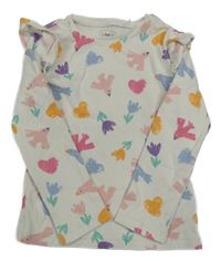 Bílo-barevné žebrované květované triko s volánky a ptáčky F&F