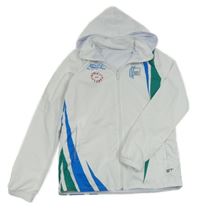 Bílo-modro-zelená šusťáková jarní bunda s nápisy a kapucí 