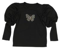 Čierne rebrované tričko s motýlkom a nařasenými rukávy Shein