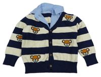 Smetanovo-tmavomodrý pruhovaný prepínaci sveter s medvedíkmi a košeľovým golierom