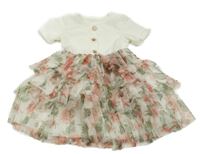 Bielo-zeleno-ružové rebrované šaty s květovanou vrstvenou tylovou sukní