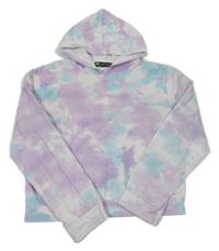 Lila-modro-bílá batikovaná crop mikina s kapucí 