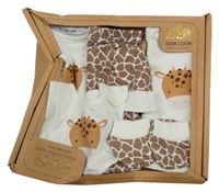 Nové - 6set - Biele body s žirafou + čepice + bryndák + triko + tepláky + cápačky