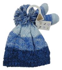 Nové - 2set - Modrá melírovaná čepice s bambulí + pletené rukavice Nutmeg