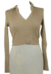 Dámsky béžový rebrovaný crop sveter s golierikom H&M