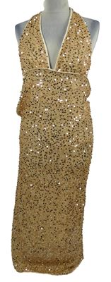 Dámské oranžové flitrové dlouhé společenské šaty 