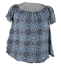 Dámska modro-tmavomodro-biela vzorovaná blúzka s lodičkovým výstřihem Primark