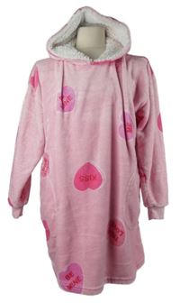 Dámská světlerůžová plyšová domácí oversized mikina s nápisy a kapucí 