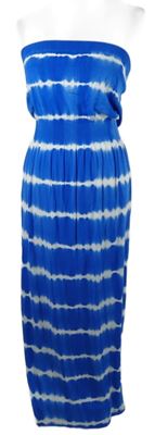 Dámské safírovo-bílé batikované dlouhé šaty bez ramínek 