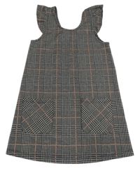 Černo bílo růžové kostkované šaty s kapsami