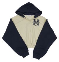 Modro-béžová crop prepínaci mikina s nápisom a kapucňou H&M